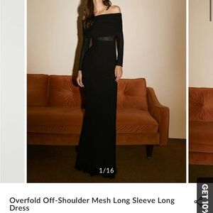 Overfold Elegant Black Off-Shoulder Mesh Long Sleeve Black Dress